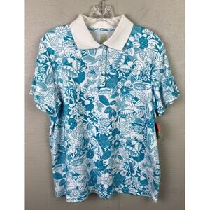 NEW Patricia’s Closet Women’s Turquoise And White Floral Polo Size Large